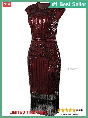 Sequin Embellished Fringe Flapper Dress Cowl Neck Cap Sleeve Midi